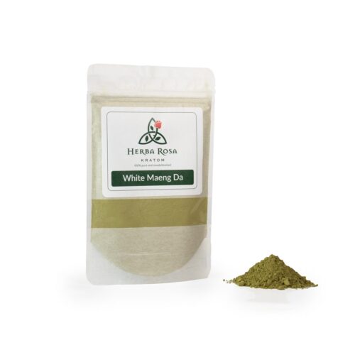 Front of White Maeng Da 90 gram bag with pile of kratom next to it
