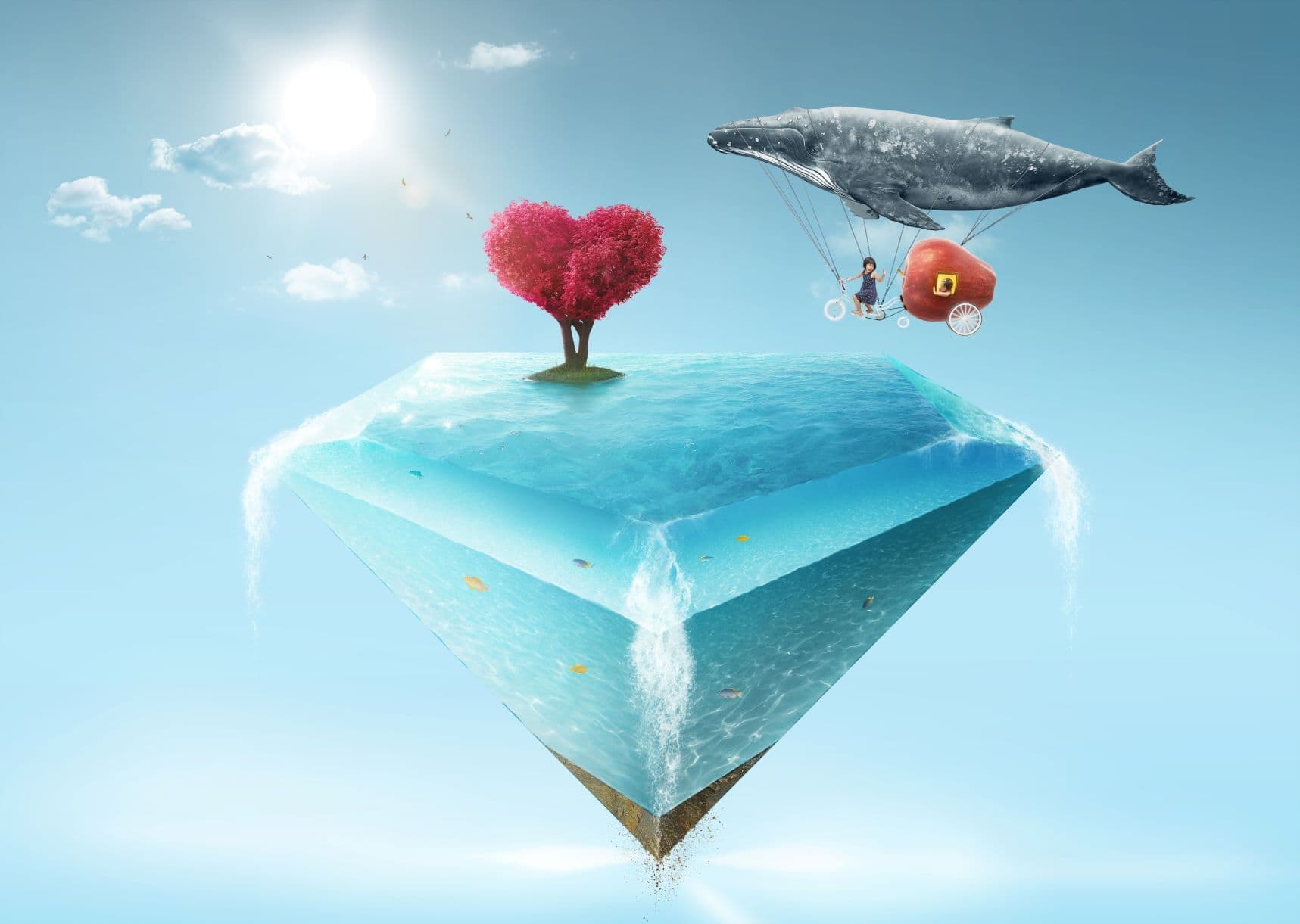 Lucid dream induced by blue lotus tincture (concept) A dreamscape of flying wales and a floating island of water in the sky